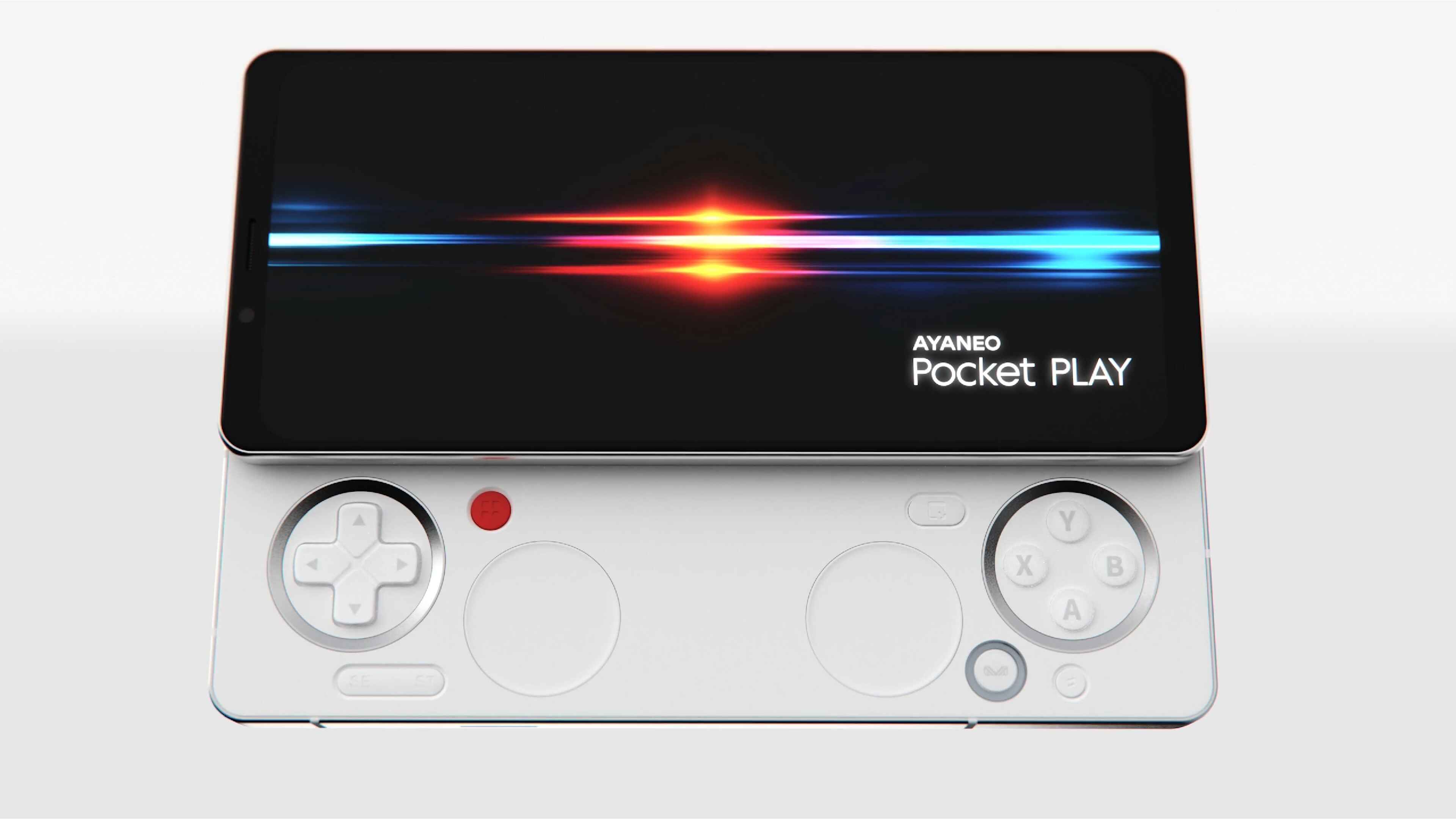Γωνιακή όψη του AYANEO Pocket PLAY με τα χειριστήρια να φαίνονται