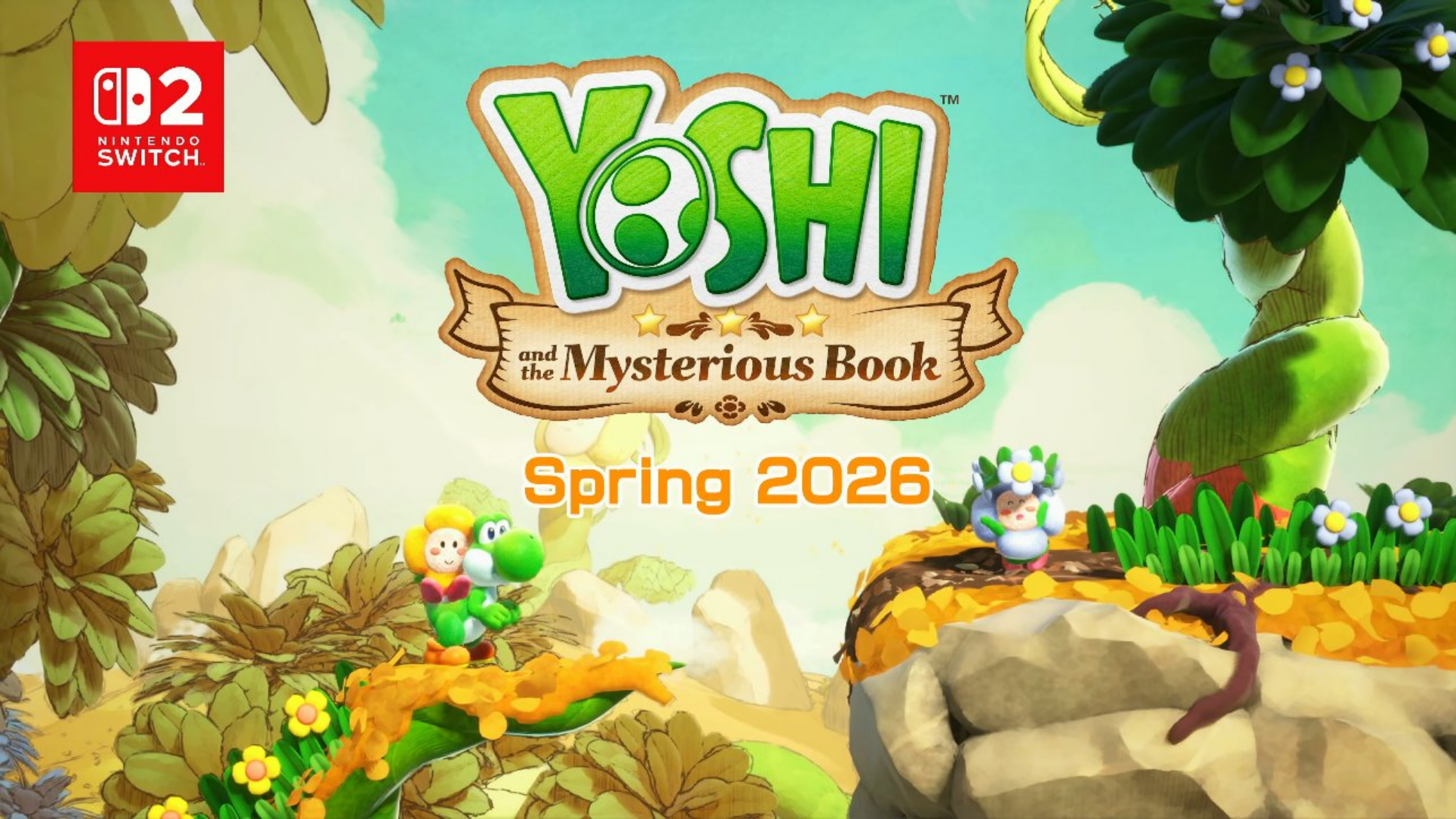 Η προωθητική εικόνα για το «Yoshi and the Mysterious Book» δείχνει ένα λογότυπο Nintendo Switch και ανακοινώνει την κυκλοφορία του την «Άνοιξη του 2026», με τον Yoshi και τους χαρακτήρες σε ένα ζωντανό τοπίο.