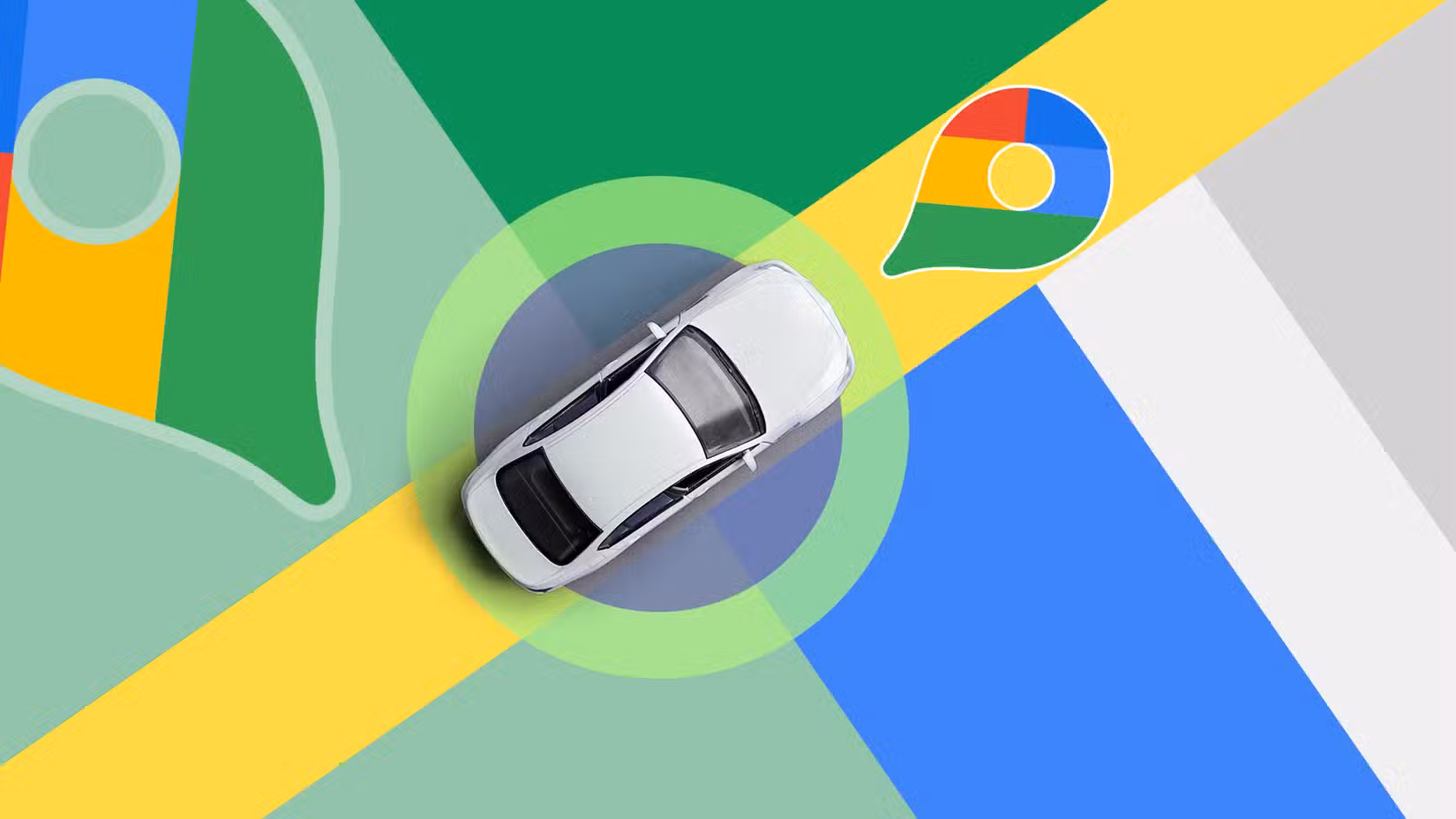 Ένα αυτοκίνητο σε χάρτη που φαίνεται από ψηλά με το λογότυπο των Χαρτών Google μπροστά