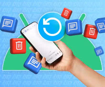 Ένα χέρι που κρατά ένα τηλέφωνο με εικονίδια μηνυμάτων και διαγραφής γύρω του και ένα εικονίδιο ανάκτησης στο κέντρο.