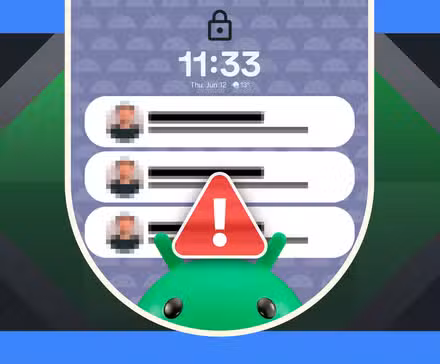 6 ways to turn on the flashlight on your Android phone Android lock screen displaying multiple message notifications with blurred content, overlaid with a red warning icon and the Android mascot peeking from the bottom