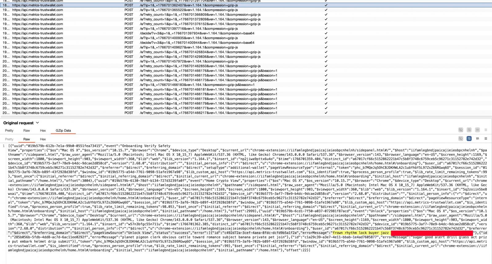 Η επιθεώρηση αιτήματος δικτύου δείχνει τη διήθηση φράσης σπόρου πορτοφολιού