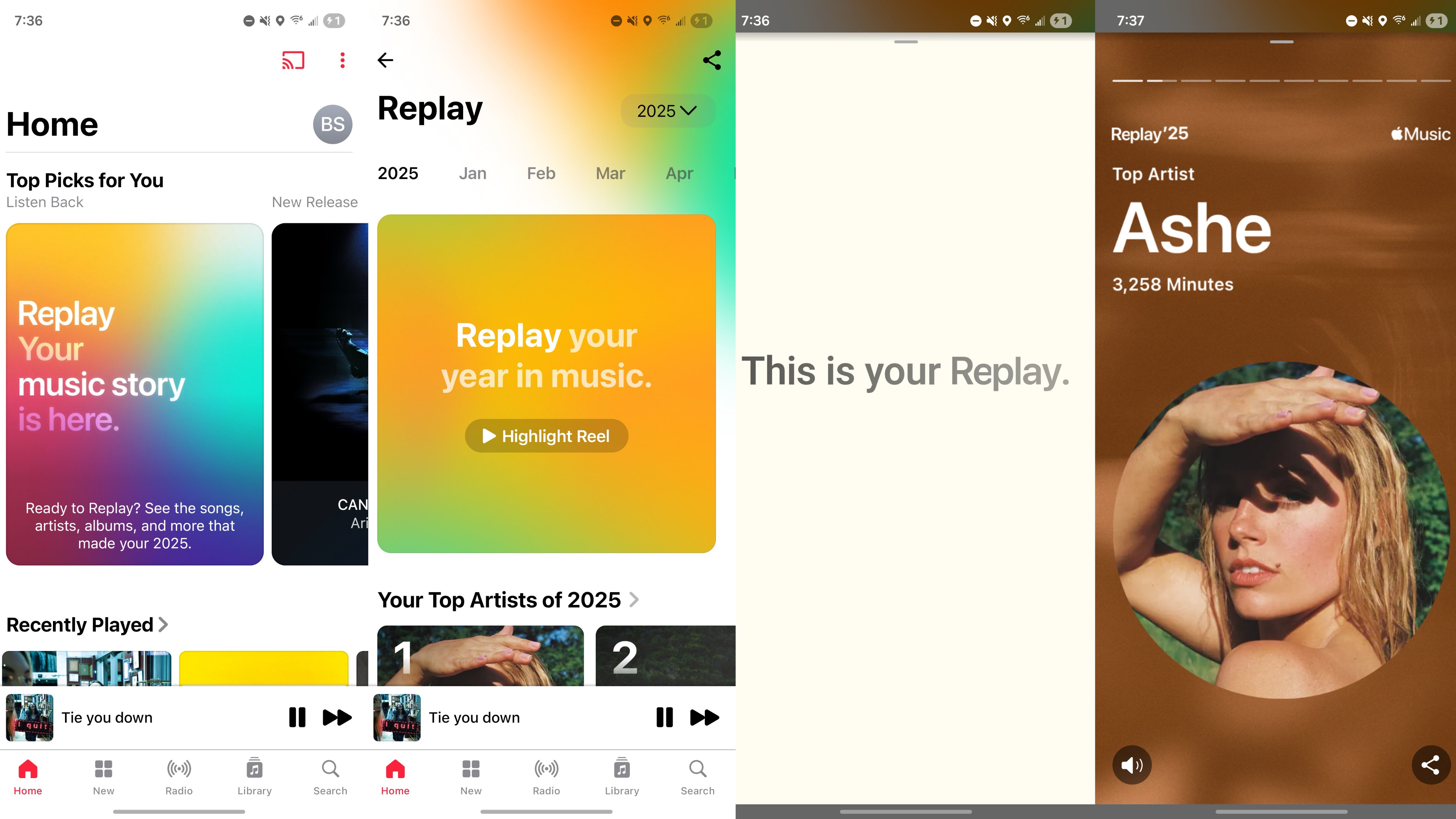 Στιγμιότυπα οθόνης της εμπειρίας Apple Music Replay 2025.
