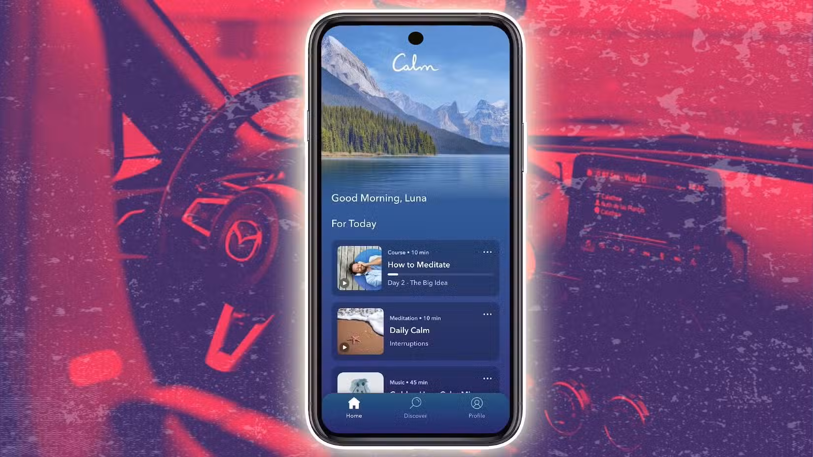 5 υποτιμημένες εφαρμογές υγείας Wear OS που θα ήθελα να είχα βρει νωρίτερα Ένα smartphone με την εφαρμογή Calm βρίσκεται πάνω σε ένα κόκκινο φόντο ενός εσωτερικού αυτοκινήτου