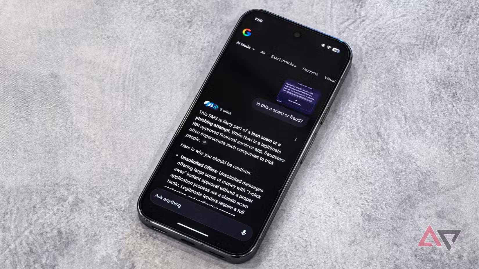 Υποβολή ερώτησης στο Google AI σχετικά με ένα μήνυμα απάτης 
