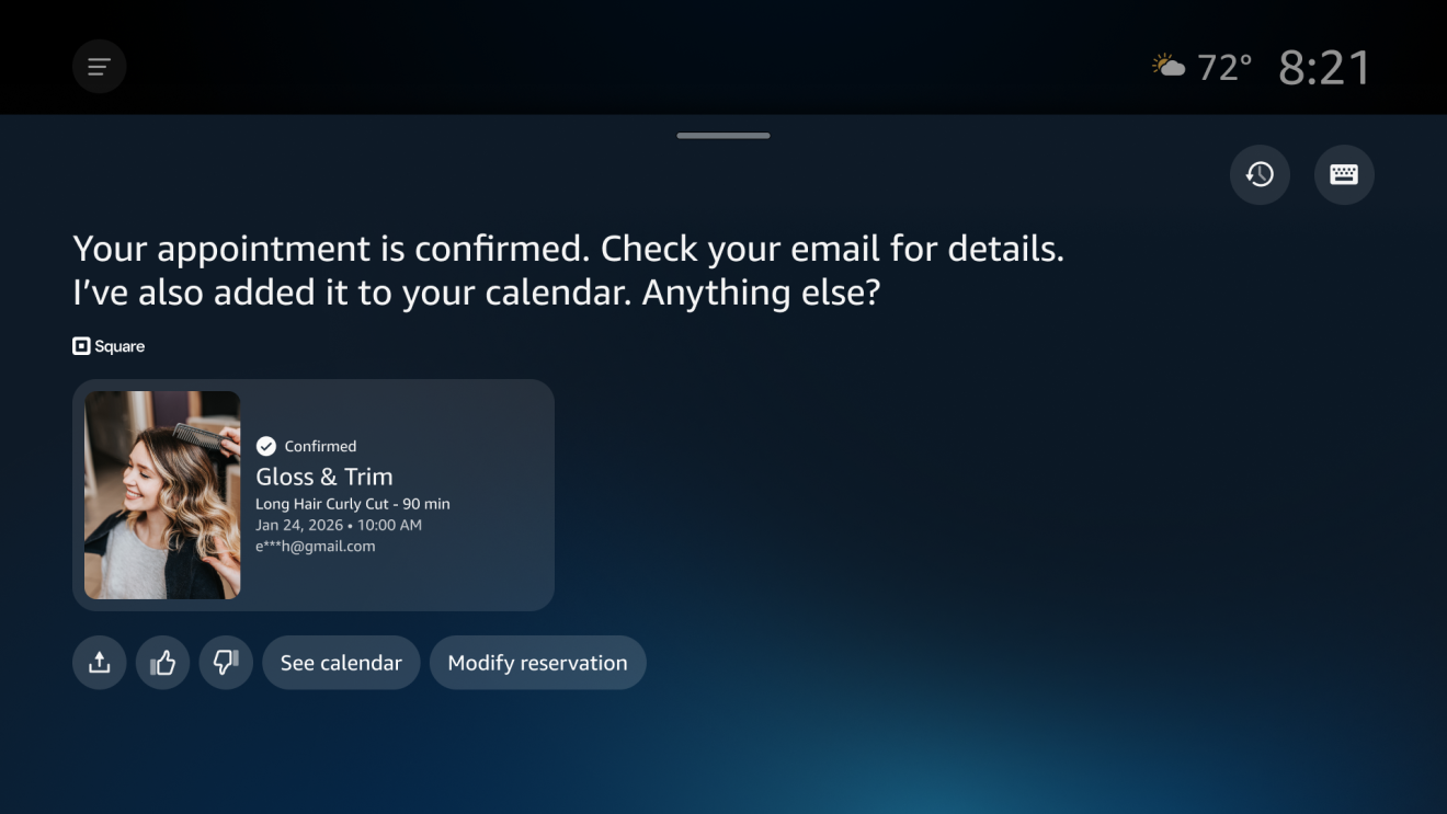 Ο βοηθός τεχνητής νοημοσύνης της Amazon Alexa+ συνεργάζεται τώρα με τα Angi, Expedia, Square και Yelp εμφανίζει ένα στιγμιότυπο οθόνης από τον ψηφιακό βοηθό Alexa+ σε μια τηλεόραση Amazon