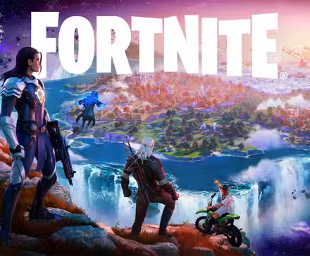 Χαρακτήρες Fortnite σε μια πλαγιά με ένα νησί στο φόντο και το λογότυπο Fortnite κεντρικό