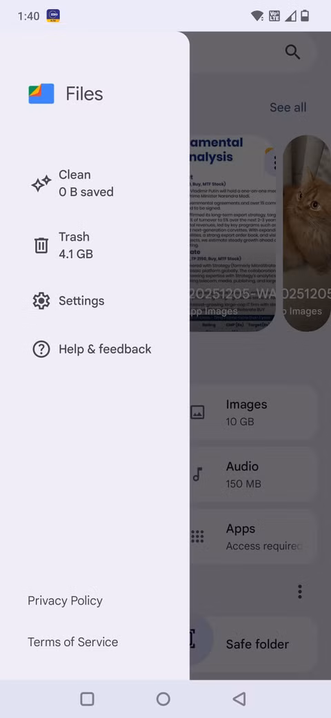 Στιγμιότυπο οθόνης που δείχνει την επιλογή Καθαρισμός στα Αρχεία Google