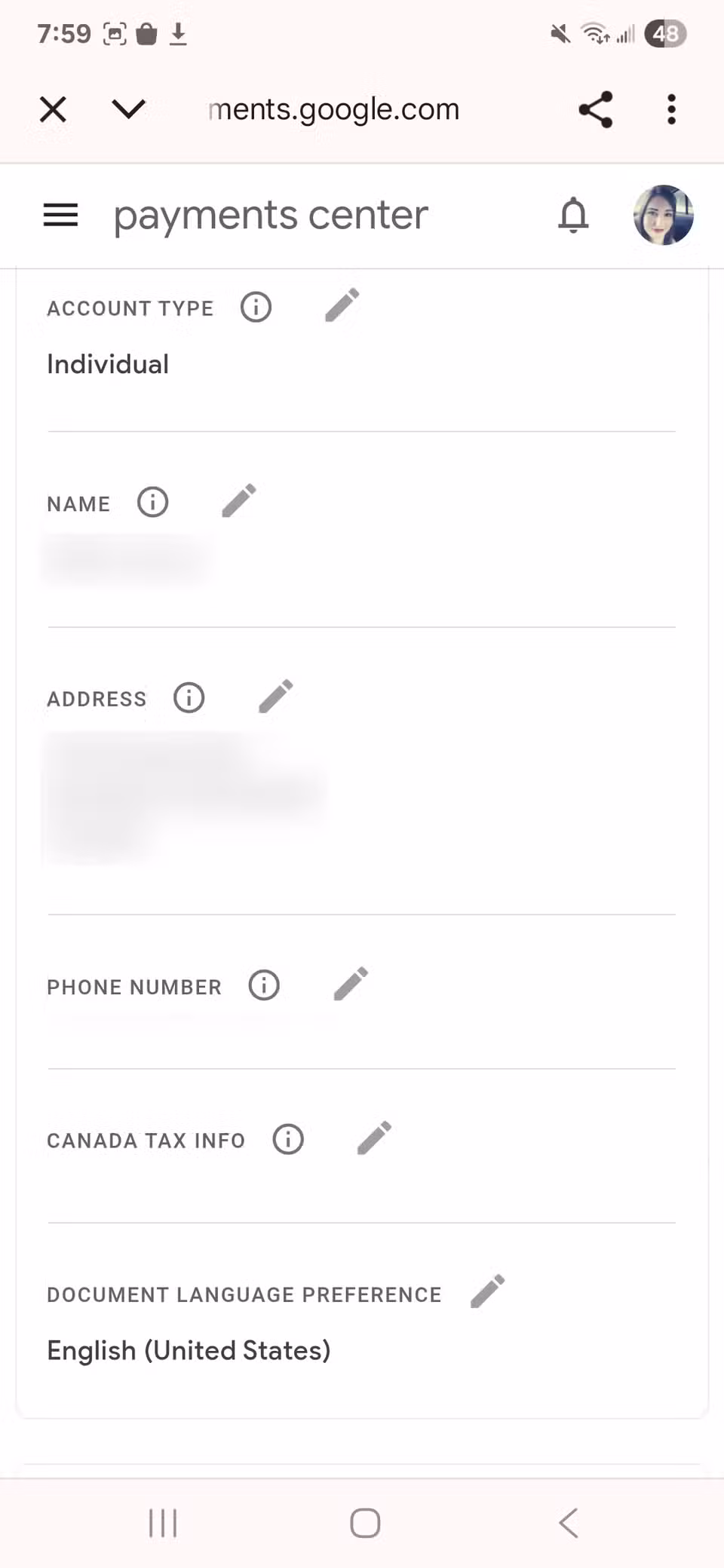 Επεξεργαστείτε τα στοιχεία του λογαριασμού Πορτοφολιού Google με μια λίστα επιλογών και τα εικονίδια επεξεργασίας δίπλα τους