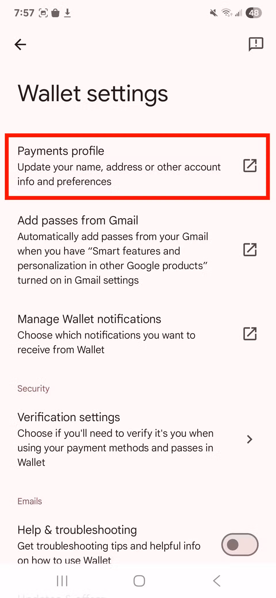 Κόκκινο ορθογώνιο περίγραμμα που επισημαίνει το προφίλ πληρωμών στις ρυθμίσεις Πορτοφολιού