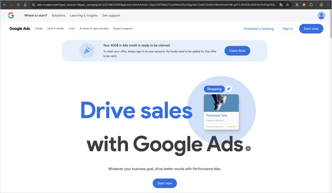 Ψεύτικη σελίδα προορισμού Google Ads
