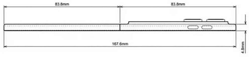 Ένα τεχνικό διάγραμμα που δείχνει ένα πλευρικό προφίλ ενός smartphone με διαστάσεις που αναφέρονται ως 83,8 mm, 167,6 mm και 4,9 mm.