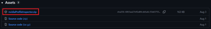 How to Enable Resizable BAR for Better Gaming Performance on NVIDIA GPUs The image shows a file named 'nvidiaProfileInspector.zip' highlighted in a list of assets, with a file size of 163 KB and a date of Aug 3.