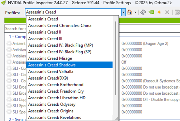 How to Enable Resizable BAR for Better Gaming Performance on NVIDIA GPUs The NVIDIA Profile Inspector 2.4.0.27 interface displays a dropdown menu with multiple 'Assassin's Creed' game profiles, highlighting 'Assassin's Creed Shadows.'