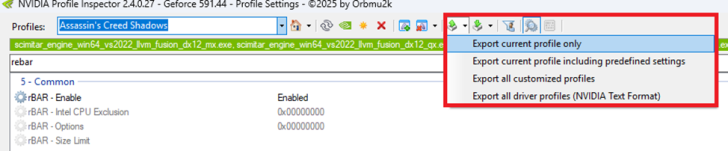 How to Enable Resizable BAR for Better Gaming Performance on NVIDIA GPUs A screenshot of NVIDIA Profile Inspector 2.4.0.27 showing the 'Assassin's Creed Shadows' profile with a dropdown menu for exporting profiles and reBAR settings.