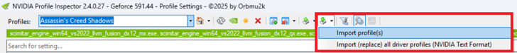 How to Enable Resizable BAR for Better Gaming Performance on NVIDIA GPUs The NVIDIA Profile Inspector 2.4.0.27 is shown with the selected profile 'Assassin’s Creed Shadows' and options to import profiles highlighted.