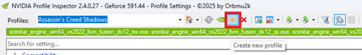 How to Enable Resizable BAR for Better Gaming Performance on NVIDIA GPUs The NVIDIA Profile Inspector 2.4.0.27 window shows the 'Assassin's Creed Shadows' profile selected for GeForce 591.44 with options to create a new profile.