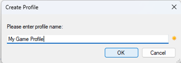 How to Enable Resizable BAR for Better Gaming Performance on NVIDIA GPUs A dialog box titled 'Create Profile' shows a text field with the name 'My Game Profile' and two buttons labeled 'OK' and 'Cancel'.