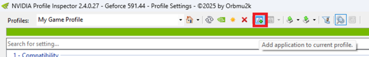 How to Enable Resizable BAR for Better Gaming Performance on NVIDIA GPUs The software interface of 'NVIDIA Profile Inspector 2.4.0.27 - Geforce 591.44' by Orbmuk displaying 'My Game Profile' with an option to 'Add application to current profile'.