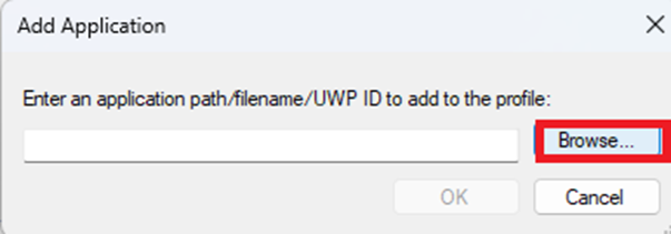 How to Enable Resizable BAR for Better Gaming Performance on NVIDIA GPUs A Windows dialog box titled 'Add Application' shows a text field with the option to 'Browse...' highlighted in red.