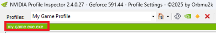 How to Enable Resizable BAR for Better Gaming Performance on NVIDIA GPUs The NVIDIA Profile Inspector 2.4.0.27 interface showing a profile titled 'My Game Profile' with a highlighted executable 'my game exe.exe'.