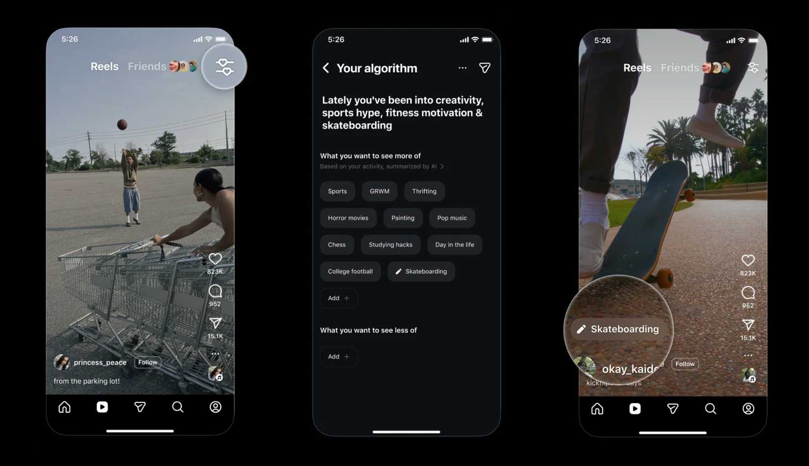 Στιγμιότυπα οθόνης που υπογραμμίζουν το νέο εργαλείο αλγόριθμου του Instagram.