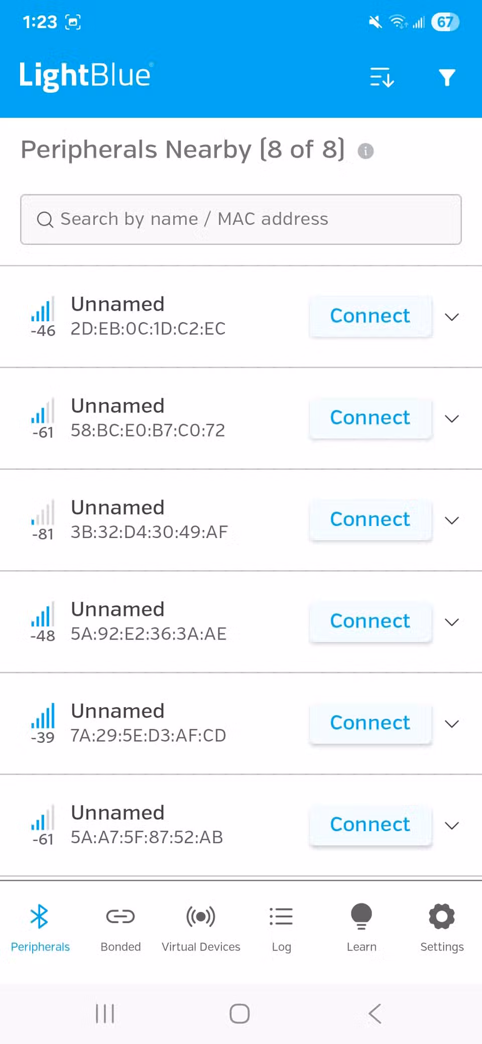 Μια συμπληρωμένη λίστα περιφερειακών στην εφαρμογή Light Blue μετά την επανεκκίνηση της εφαρμογής