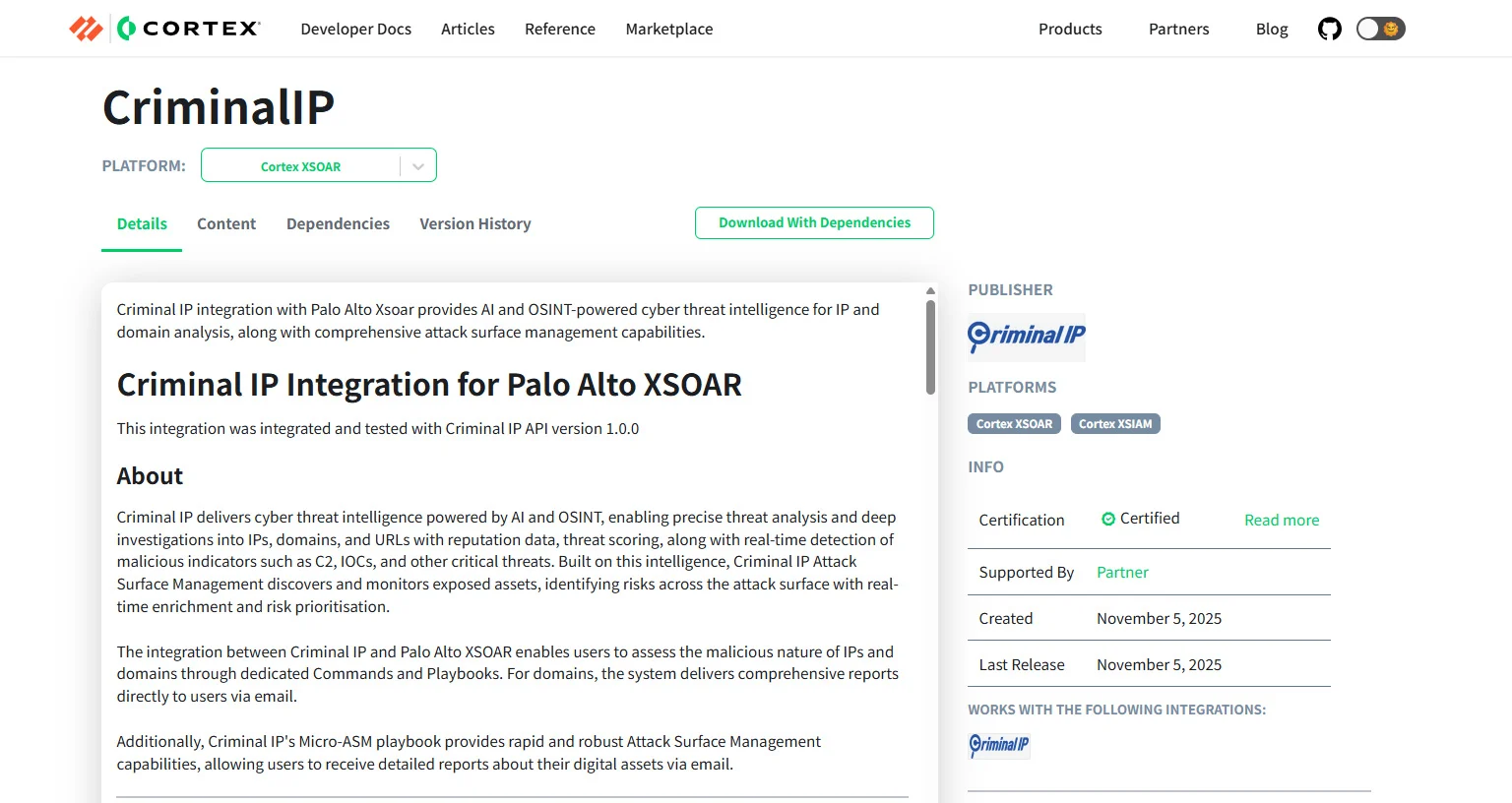 Στιγμιότυπο οθόνης του πακέτου Criminal IP στο Cortex Marketplace