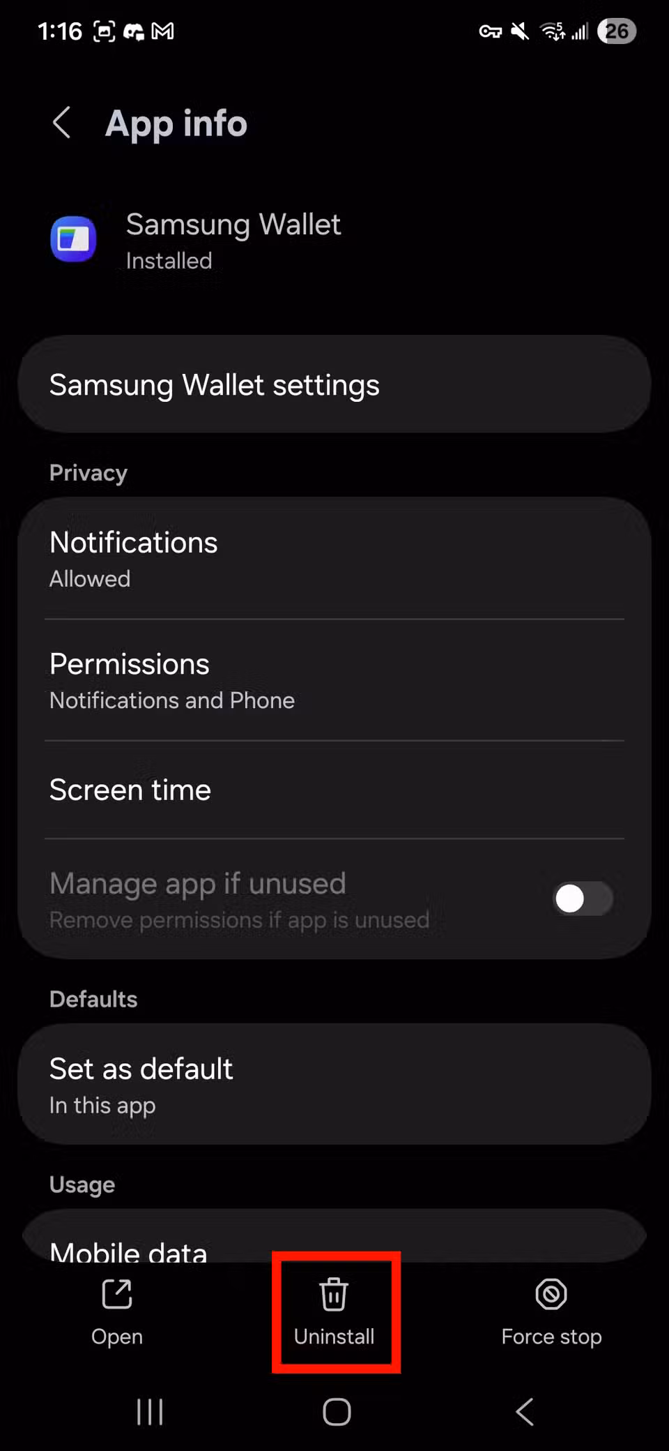 Κόκκινο ορθογώνιο περίγραμμα που επισημαίνει το κουμπί Απεγκατάσταση στις πληροφορίες της εφαρμογής Πορτοφόλι Samsung