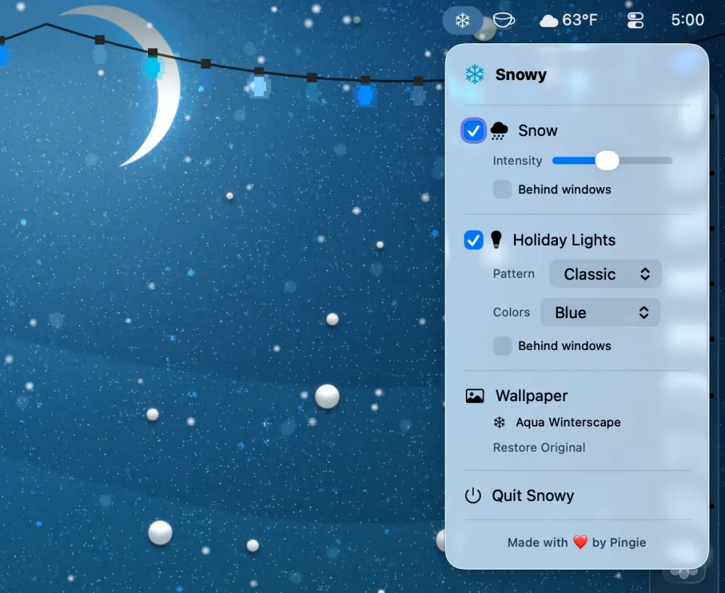 Το Snowy προσθέτει δωρεάν χριστουγεννιάτικα φώτα, χιόνι και μια ταπετσαρία εμπνευσμένη από το Aqua στο Mac σας