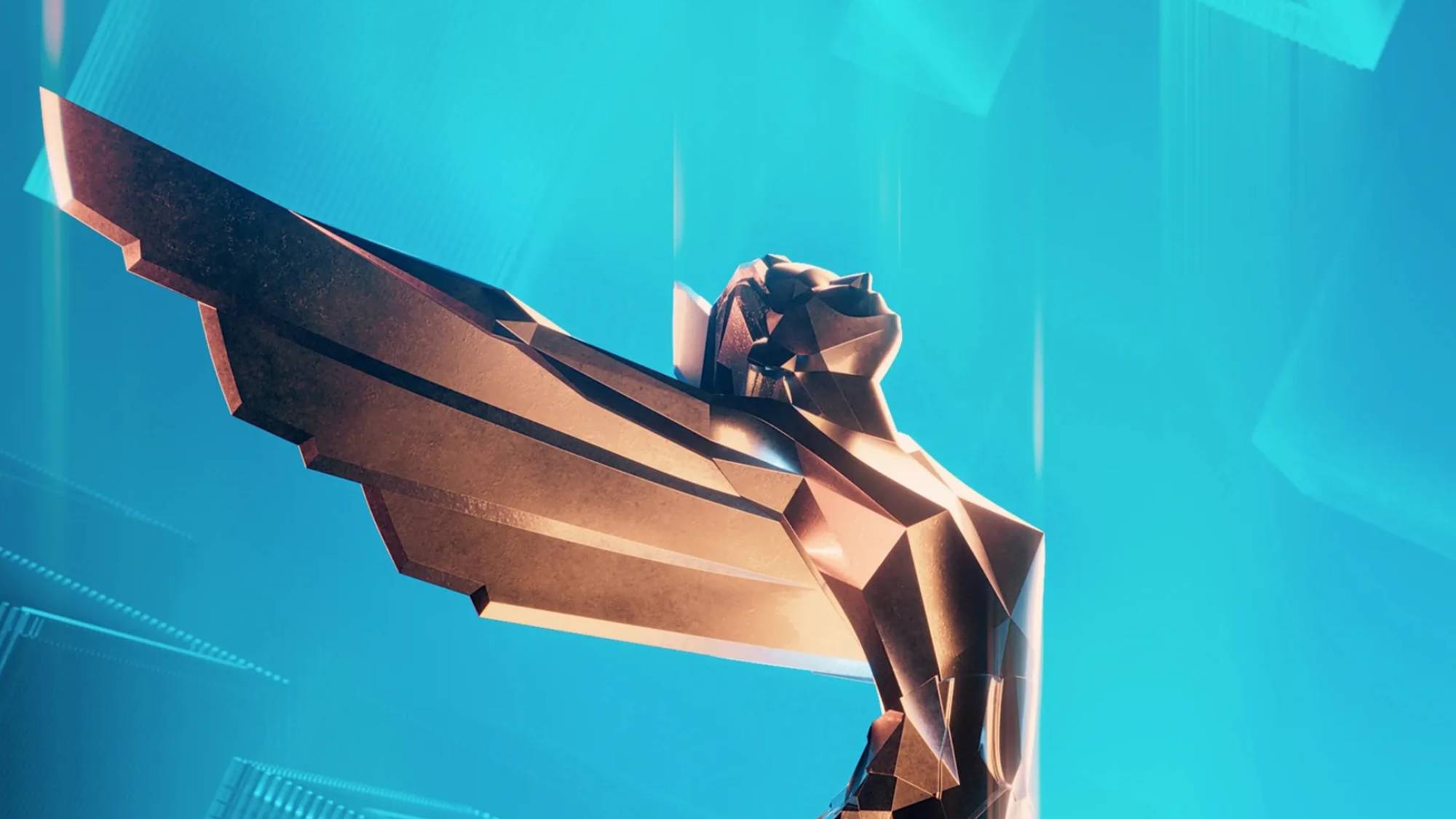 An image of a Game Awards award statue on a blue background