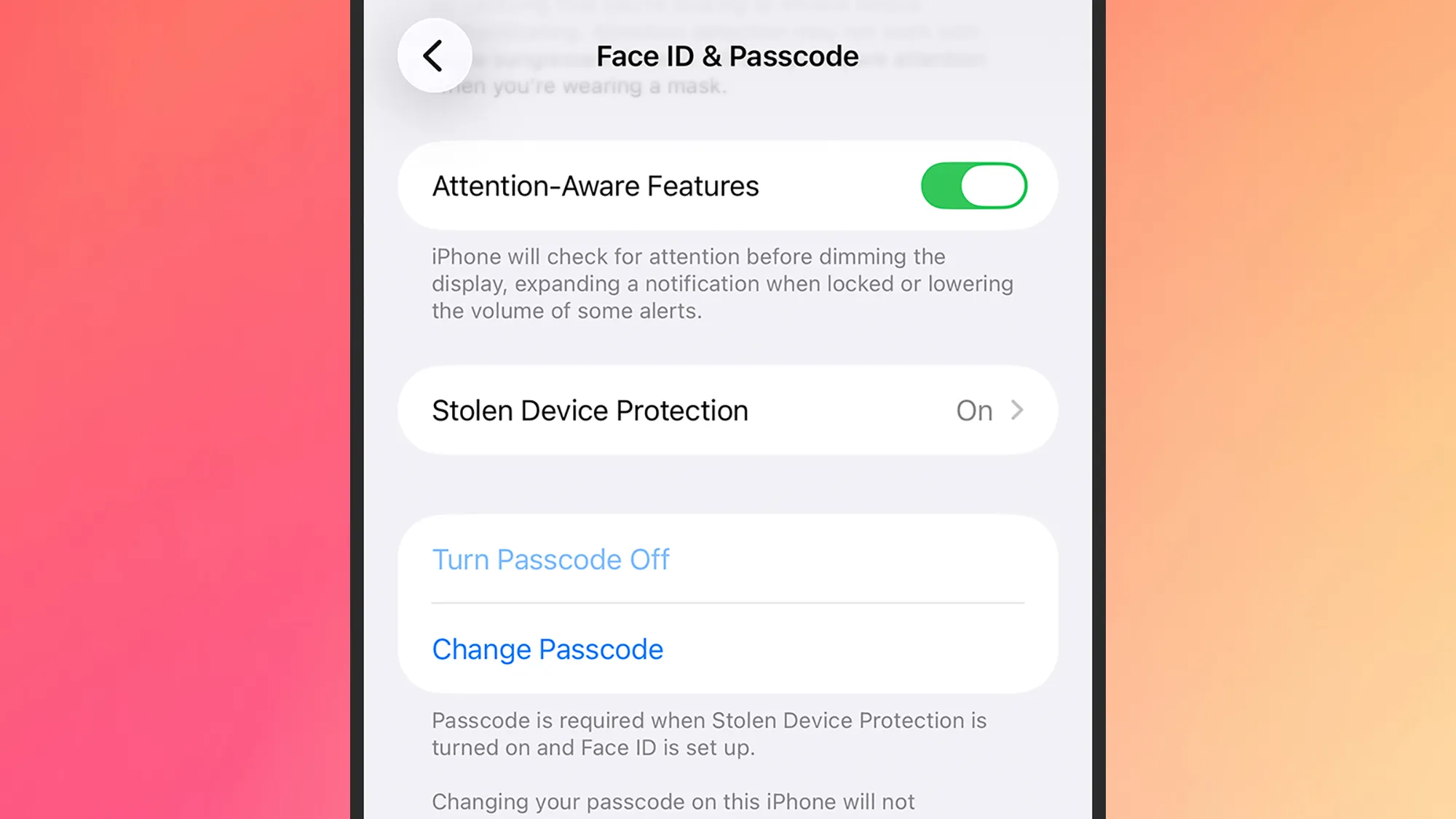 στιγμιότυπο οθόνης των ρυθμίσεων χαρακτηριστικών με επίγνωση της προσοχής