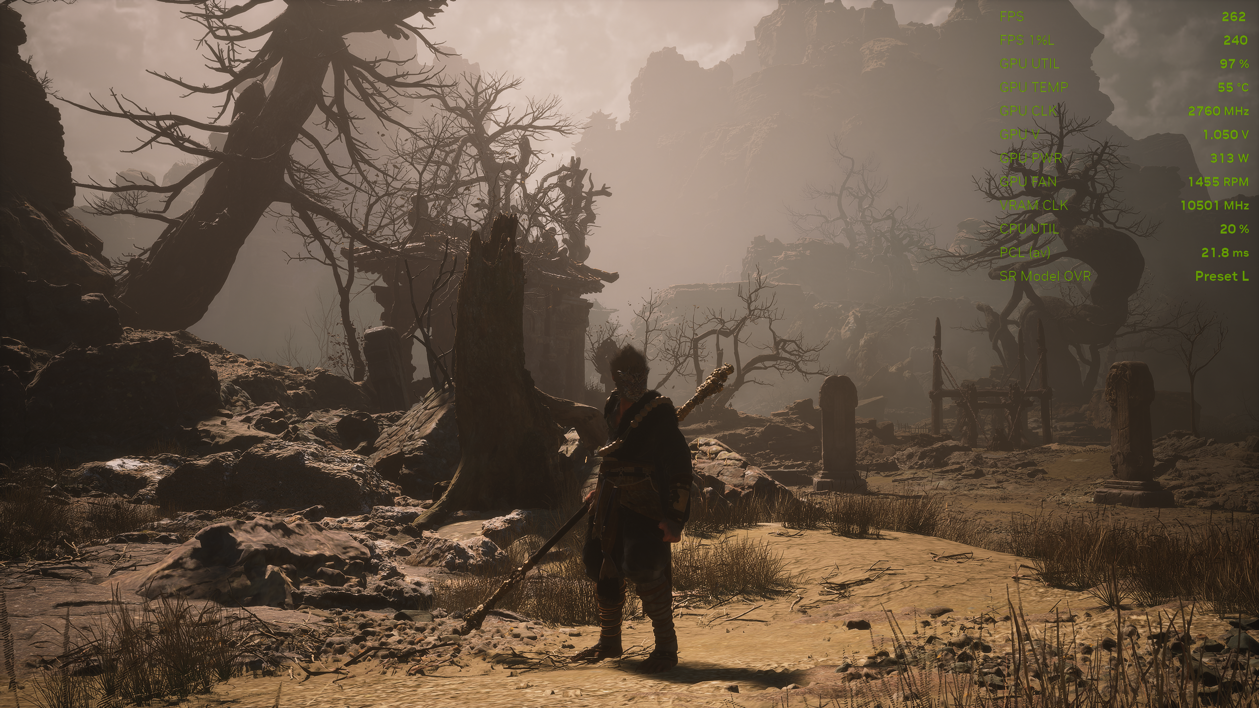 A character in a desolate, rocky landscape holds a staff in 'Black Myth: Wukong,' with performance metrics like 'FPS 262' and 'GPU UTIL 97%' displayed on-screen.