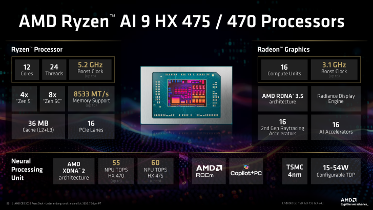 Η εικόνα παρουσιάζει επεξεργαστές AMD Ryzen AI 9 HX 475/470 με προδιαγραφές που περιλαμβάνουν «12 Cores 24 Threads», «5,2 GHz Boost Clock», «8533 MT/s Υποστήριξη μνήμης», «16 Compute Units», «3.1 GHz Boost Clock, «3.1 GHz Boost Clock, όπως «1AM» και «3.
