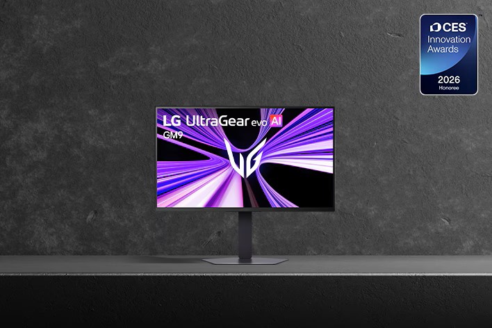 Μια οθόνη LG UltraGear evo AI GM9 εμφανίζεται με το σήμα «CES Innovation Awards 2026 Honoree».