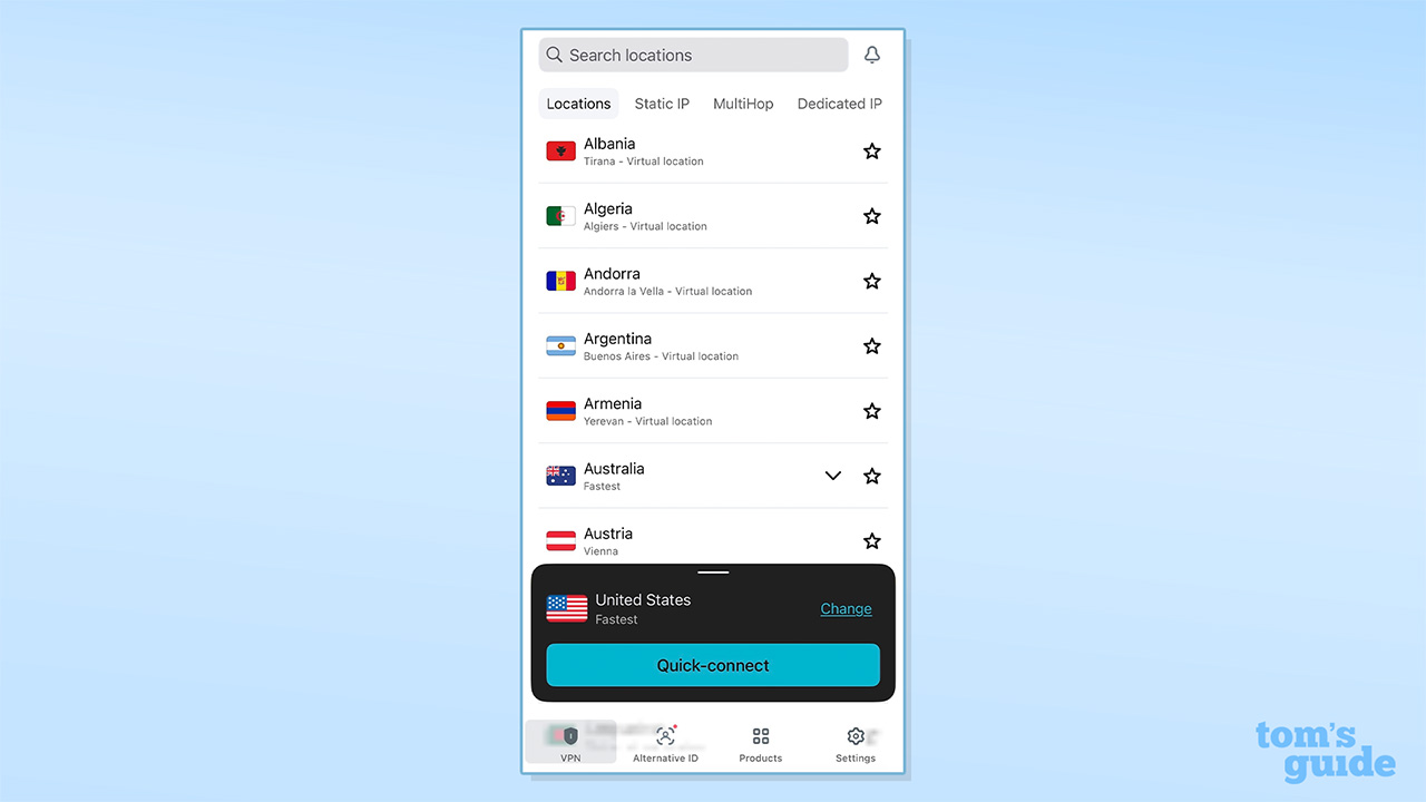 Στιγμιότυπο οθόνης της εφαρμογής Surfshark για κινητά που εμφανίζει μέρος της λίστας διακομιστών της