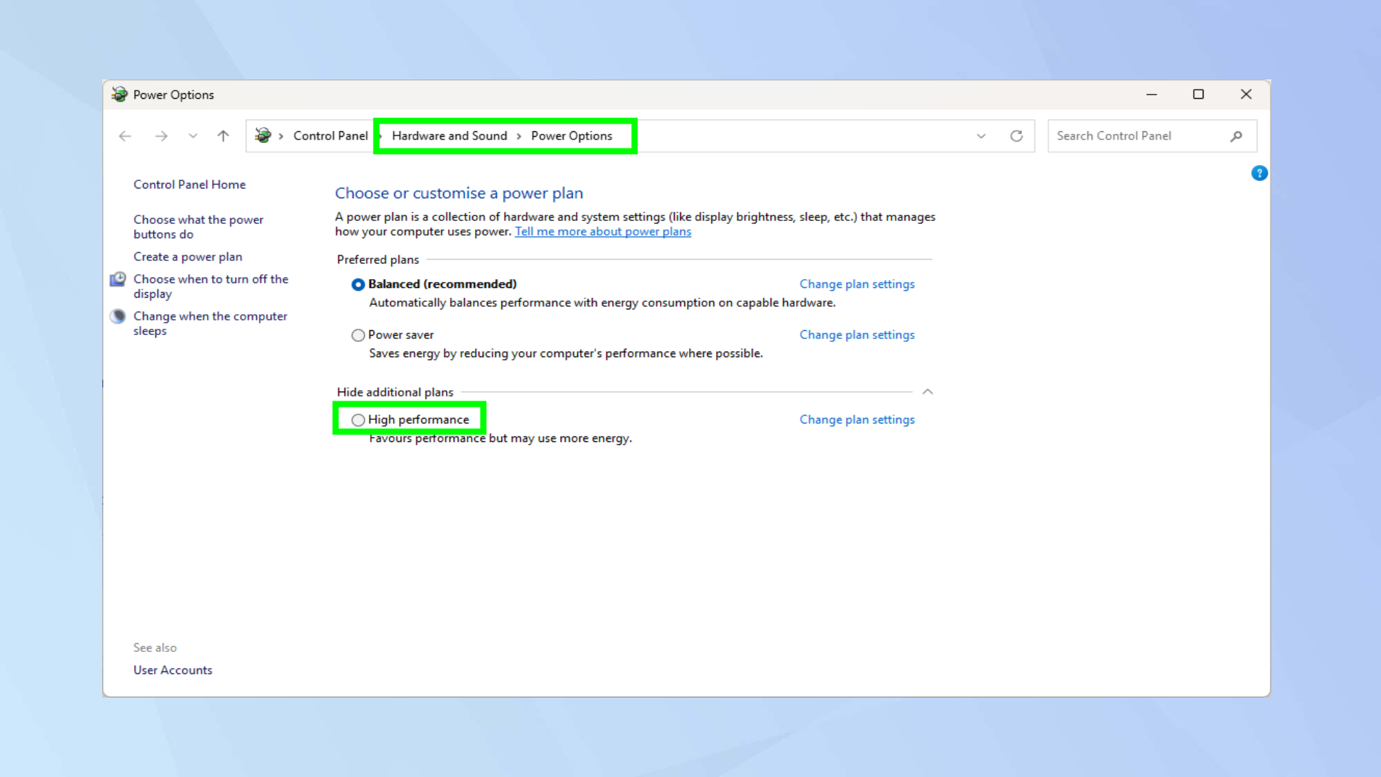 Επιλέξτε Υψηλή απόδοση στις επιλογές ενέργειας Windows 11