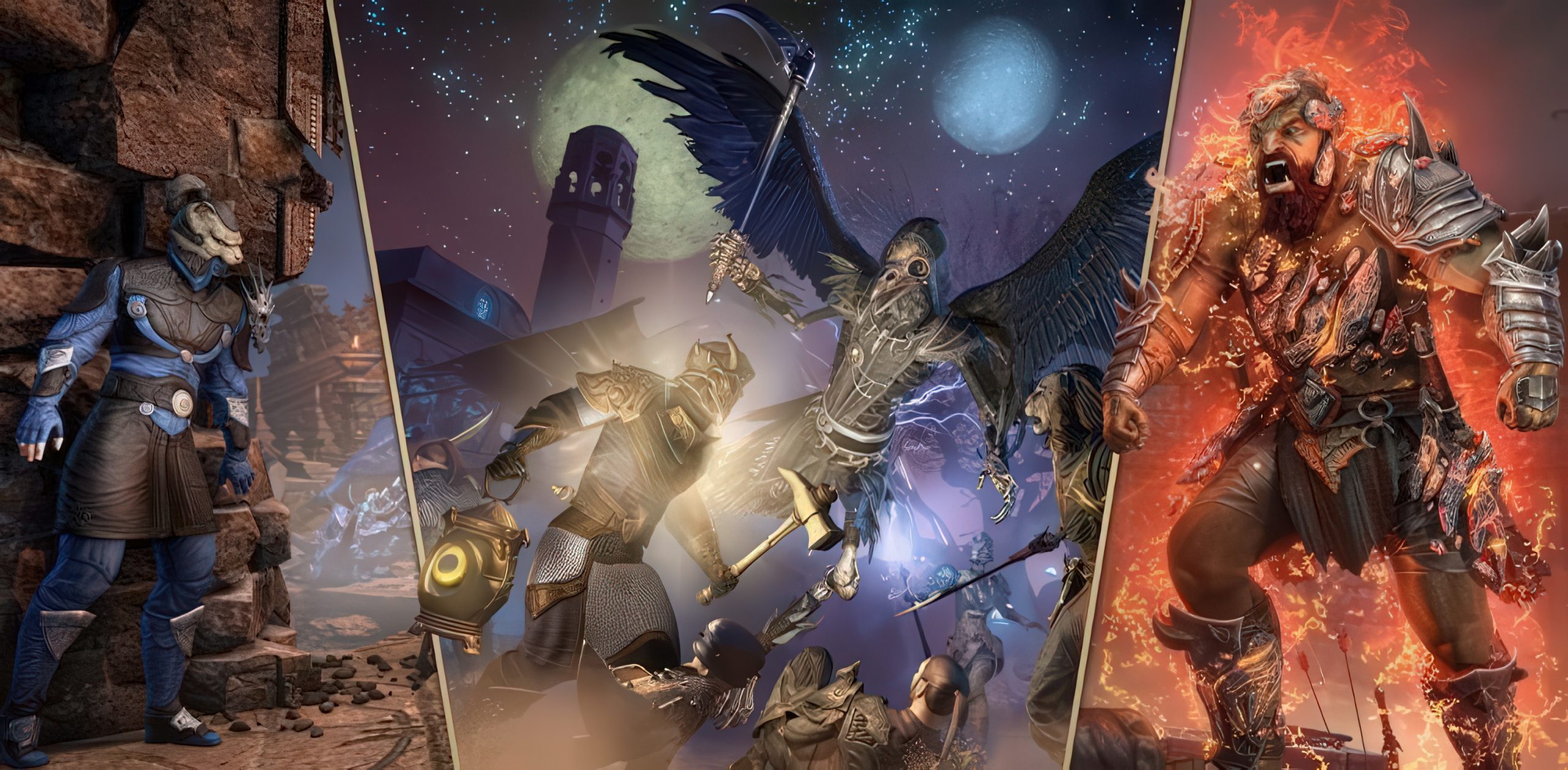 A composite image from 'Elder Scrolls Online' shows various characters in battle, featuring a blue armored Argonian, a winged creature wielding a scythe, and a large, fiery warrior.