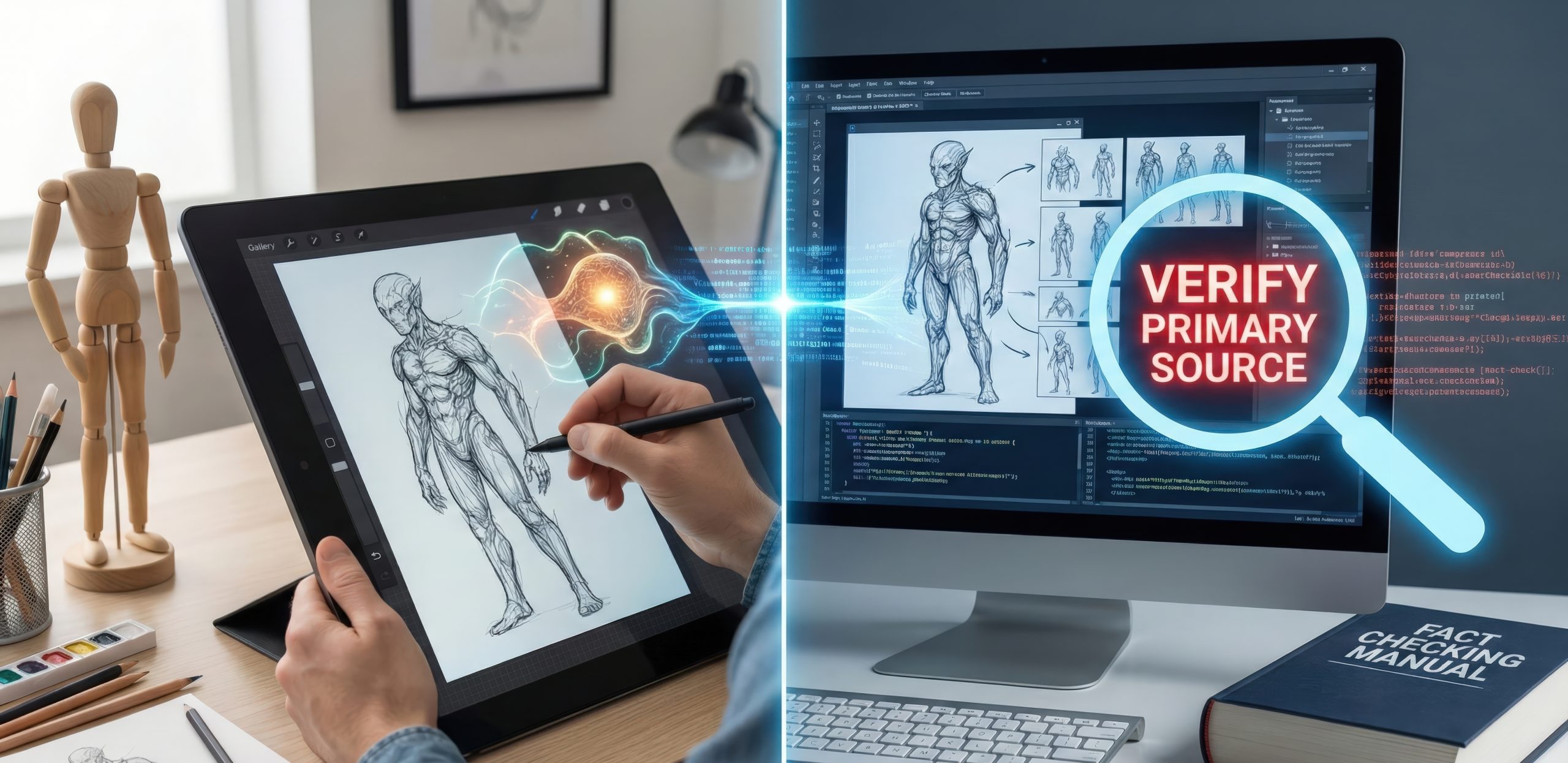 A digital artist sketches a humanoid figure on a tablet, while a computer screen displays the same figure with programming code and a magnifying glass highlighting 'VERIFY PRIMARY SOURCE'.