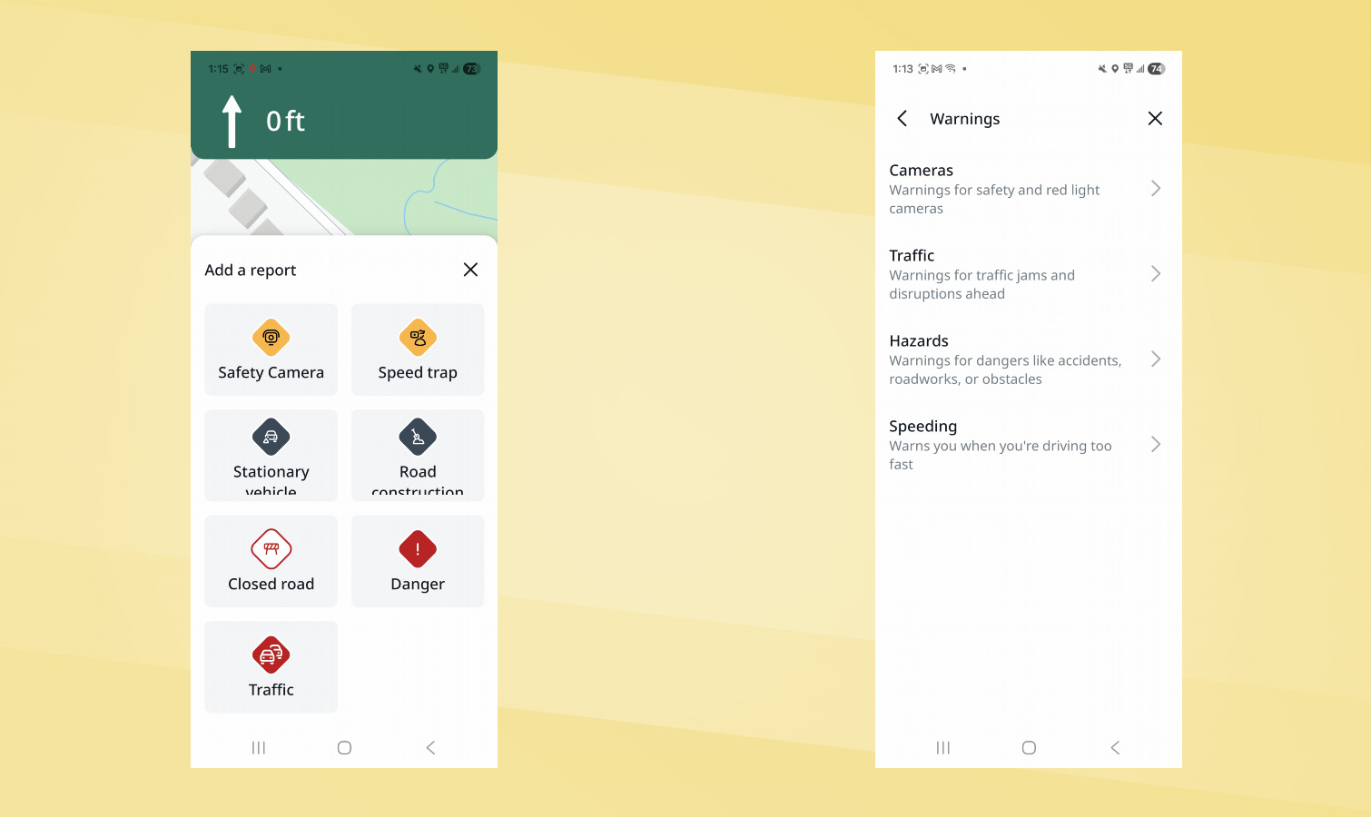 Στιγμιότυπα οθόνης της εφαρμογής TomTom που δείχνουν ειδοποιήσεις.