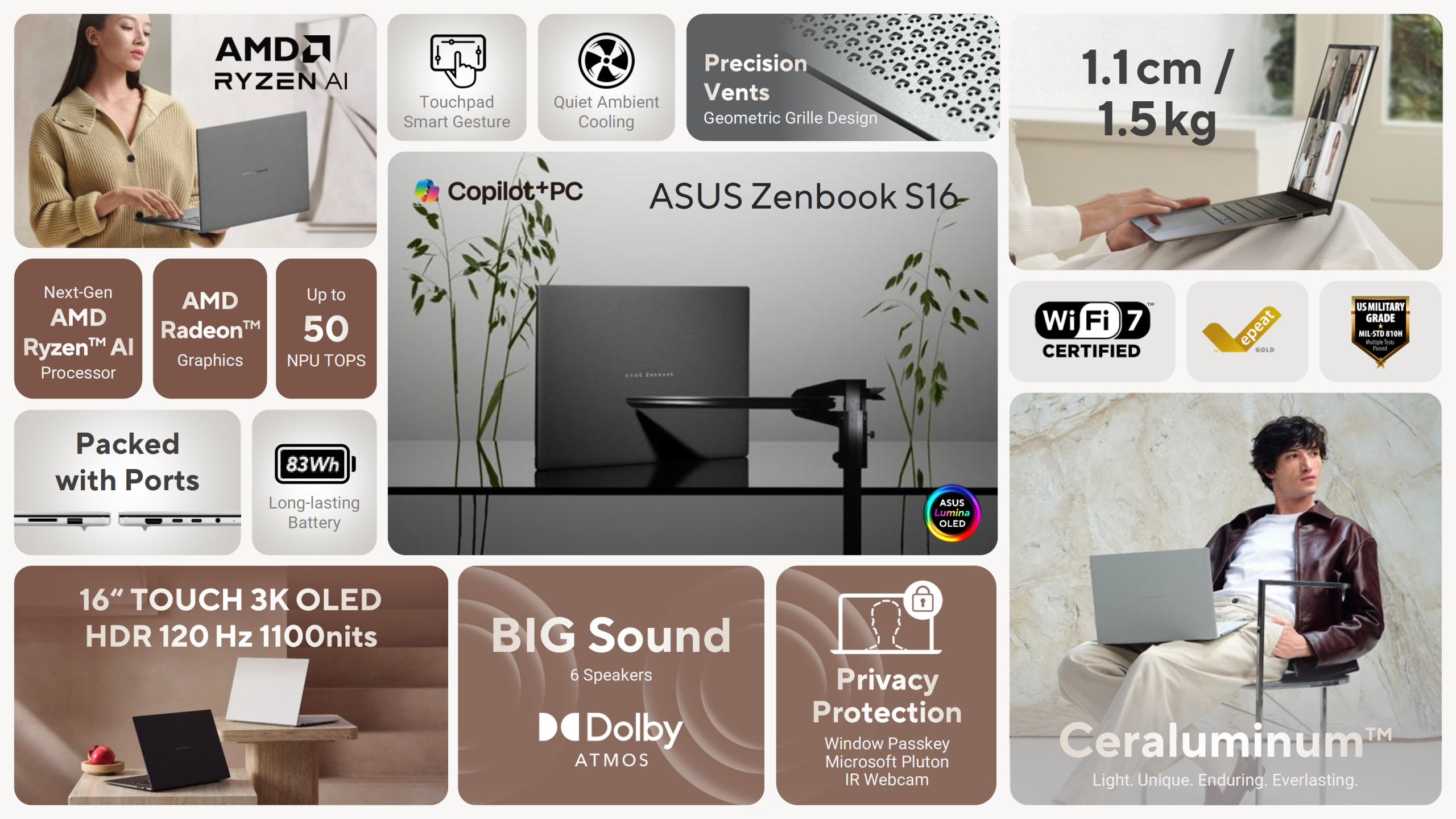 Η εικόνα δείχνει το ASUS Zenbook S 16 με AMD Ryzen AI, AMD Radeon Graphics, ήχο Dolby Atmos και οθόνη 3K OLED HDR 16 ιντσών με προδιαγραφές που περιλαμβάνουν «1,1 cm / 1,5 kg», μπαταρία 83 Wh, «Privacy Protection και WiFi».