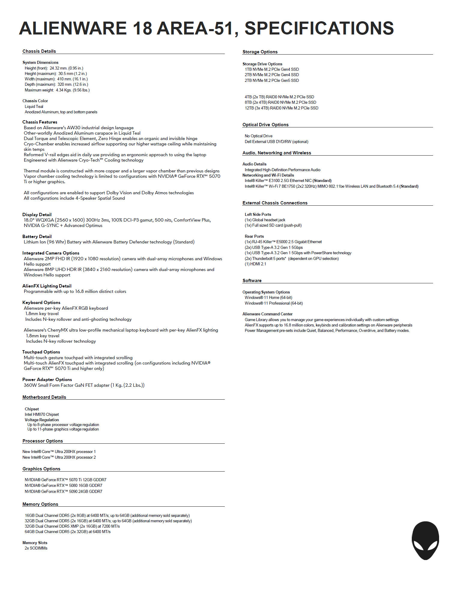 Ένα φύλλο προδιαγραφών για το Alienware 18 Area-51 παραθέτει χαρακτηριστικά όπως GPU NVIDIA GeForce RTX 5090 και RTX 5080, επεξεργαστές Intel Core Ultra 200HX, μηχανικό πληκτρολόγιο χαμηλού προφίλ CherryMX, οθόνη WQXGA 18 ιντσών και πολλές επιλογές αποθήκευσης και μνήμης.