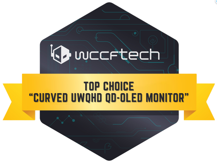 A Wccftech award badge with the text 'TOP CHOICE' and 'CURVED UWQHD QD-OLED MONITOR'.