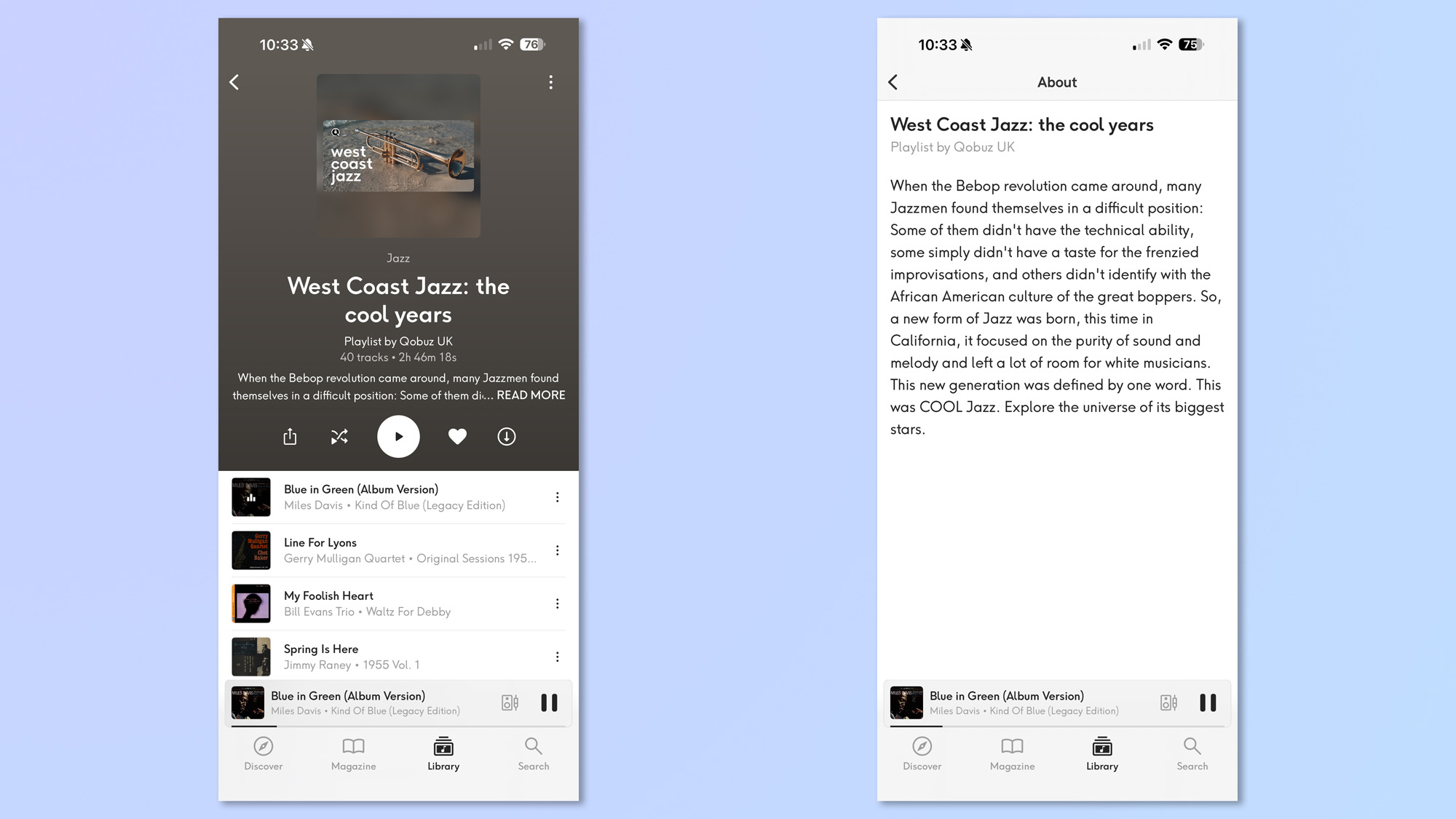Ένα στιγμιότυπο οθόνης από το Qobuz που δείχνει προτάσεις και αναπαραγωγή