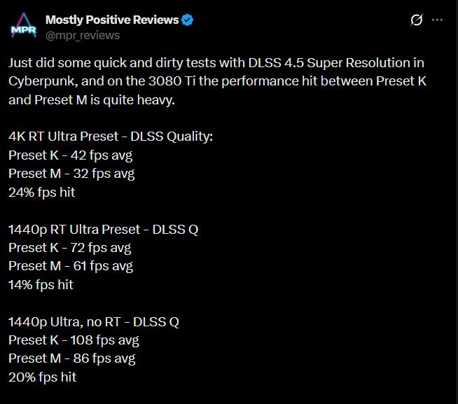 Οι πρώιμες δοκιμές DLSS 4.5 αποκαλύπτουν δραστικά πιο καθαρές λεπτομέρειες, αλλά οι GPU RTX παλαιότερης γενιάς έχουν σχεδόν 20%+ επιτυχία Μια ανάρτηση στο Twitter από τις «Κυρίως θετικές κριτικές» δείχνει δοκιμές απόδοσης που συγκρίνουν το «Preset K» και το «Preset M» χρησιμοποιώντας DLSS 4.5 Super Resolution στο Cyberpunk, περιγράφοντας λεπτομερώς τους μέσους όρους fps και τα ποσοστά επιτυχιών fps σε αναλύσεις 4K και 1440p σε 3080 Ti.
