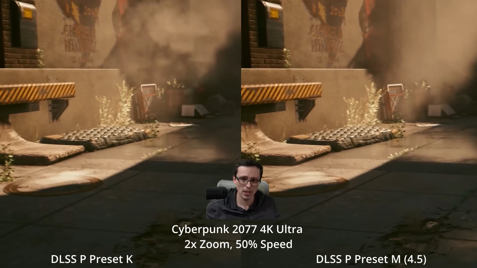Σύγκριση του «Cyberpunk 2077 4K Ultra» με το «DLSS P Preset K» στα αριστερά και το «DLSS P Preset M (4.5)» στα δεξιά, με έναν παρουσιαστή να συζητά τα γραφικά.