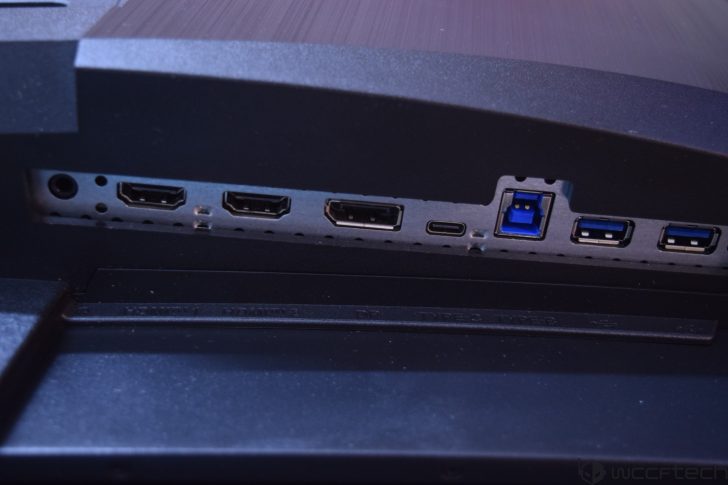 Close-up of a monitor's back panel showing two HDMI ports, one DisplayPort, one USB-C port, one USB 3.0 Type-B port, and two USB 3.0 Type-A ports.