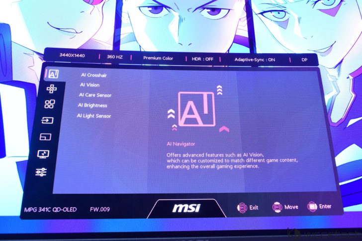 The MSI MPG 341C QD-OLED monitor displays AI Navigator settings, including 'AI Crosshair' and 'AI Vision', on a 3440x1440 resolution screen with 360 Hz refresh rate.