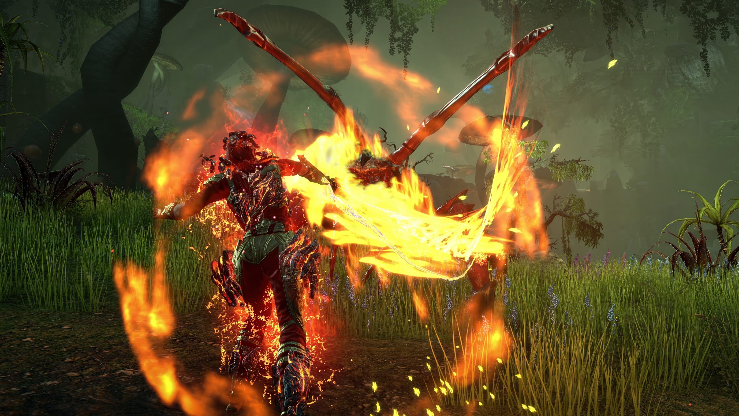 A character in the game 'Atlas Fallen' is using a fire-based attack against winged creatures in a lush, jungle-like environment.